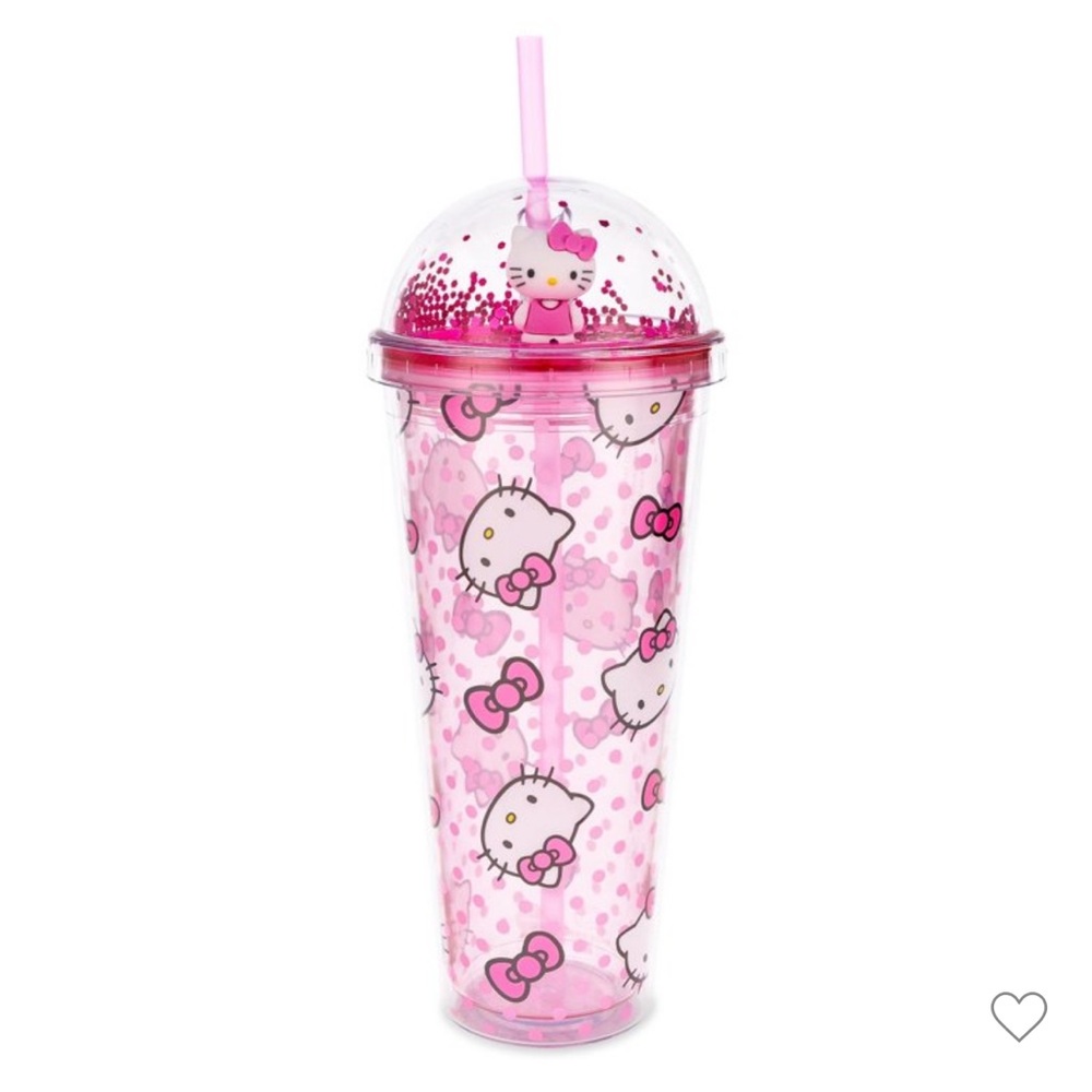 Hello Kitty Carnival Pink Tumbler w/ figurine & Glitter inside Dome Lid & straw